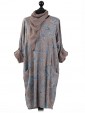 Italian Abstract Print Front Pocket Pleated Dress with Scarf-Brown