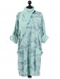  Italian Abstract Print Front Pocket Pleated Dress with Scarf-Aqua