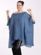 Italian Batwing Sleeves Plain Linen Top With Front Pocket-Denim