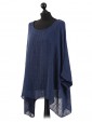 Italian Batwing Sleeves Plain Linen Tunic Top-Navy side