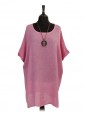 Italian Cold Dye Linen Batwing Dress with Necklace tea pink
