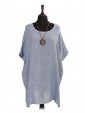 Italian Cold Dye Linen Batwing Dress with Necklace light denim