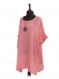 Italian Cold Dye Linen Batwing Dress with Necklace coral side view