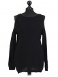 Italian Cold Shoulder Knitted Round Neck Top Black