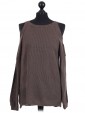 Italian Cold Shoulder Knitted Round Neck Top Brown