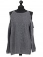 Italian Cold Shoulder Knitted Round Neck Top Charcoal