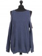 Italian Cold Shoulder Knitted Round Neck Top Denim