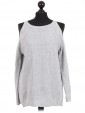 Italian Cold Shoulder Knitted Round Neck Top Light Grey 