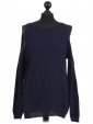Italian Cold Shoulder Knitted Round Neck Top Navy