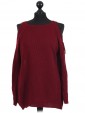 Italian Cold Shoulder Knitted Round Neck Top Wine