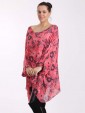 Italian Floral Print Batwing Sleeves Linen Tunic Top-Coral side