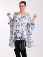 Italian Floral Print Batwing Sleeves Linen Tunic Top-White