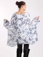 Italian Floral Print Batwing Sleeves Linen Tunic Top-White back