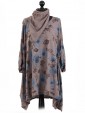 Italian Floral Print Tunic Top With Turn Up Sleeve and Scarf-Mocha