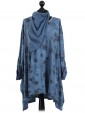 Italian Floral Print Tunic Top With Turn Up Sleeve and Scarf-Denim