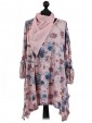 Italian Floral Print Tunic Top With Turn Up Sleeve and Scarf-Nude