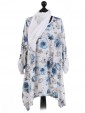 Italian Floral Print Tunic Top With Turn Up Sleeve and Scarf-White