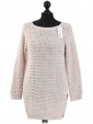 Italian Knitted Thigh Length Sequin Tunic Top-Beige