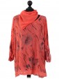 Italian Print Sequined Hem Top with Scarf-Coral