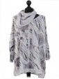 Italian Print Sequined Hem Top with Scarf-Charcoal
