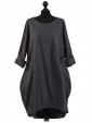Italian Lagenlook High Low Front Pocket Top-Charcoal 