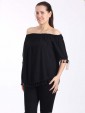 Italian Lagenlook Off Shoulder Pom Pom Hem Top-Black 1