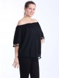 Italian Lagenlook Off Shoulder Pom Pom Hem Top-Black 2