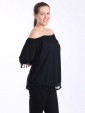 Italian Lagenlook Off Shoulder Pom Pom Hem Top-Black 3