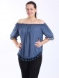 Italian Lagenlook Off Shoulder Pom Pom Hem Top-Denim 1