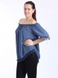 Italian Lagenlook Off Shoulder Pom Pom Hem Top-Denim 2