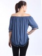 Italian Lagenlook Off Shoulder Pom Pom Hem Top-Denim 4