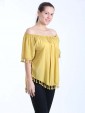 Italian Lagenlook Off Shoulder Pom Pom Hem Top-Mustard 2