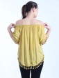 Italian Lagenlook Off Shoulder Pom Pom Hem Top-Mustard 3