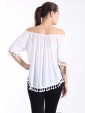 Italian Lagenlook Off Shoulder Pom Pom Hem Top-White 3