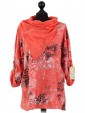 Italian Lagenlook Printed Sequin Hem Tunic Top-Coral