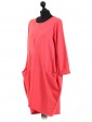 Italian Lagenlook Front Pocket Dress-Coral side