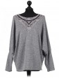 Italian Organza Crochet Neck Batwing Sleeves Lagenlook Top-Grey