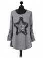 Italian Ladies Star Pattern Diamantes Lagenlook Top grey