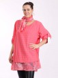 Italian Two Layered Cotton Floral Print Hem Detail Top With Scarf-Coral