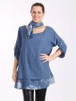 Italian Two Layered Cotton Floral Print Hem Detail Top With Scarf-Denim