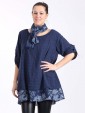 Italian Two Layered Cotton Floral Print Hem Detail Top With Scarf-Navy