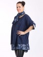 Italian Two Layered Cotton Floral Print Hem Detail Top With Scarf-Navy side