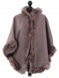 Ladies Hooded Woollen Poncho With Faux Fur Beige