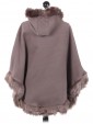 Ladies Hooded Woollen Poncho With Faux Fur Beige Back