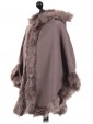 Ladies Hooded Woollen Poncho With Faux Fur Beige Side