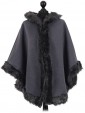 Ladies Hooded Woollen Poncho With Faux Fur Charcoal