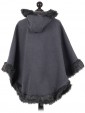 Ladies Hooded Woollen Poncho With Faux Fur Charcoal Back