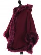 Ladies Hooded Woollen Poncho With Faux Fur Wine Side