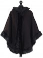 Ladies Hooded Woollen Poncho With Faux Fur Black