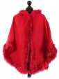 Ladies Hooded Woollen Poncho With Faux Fur Red